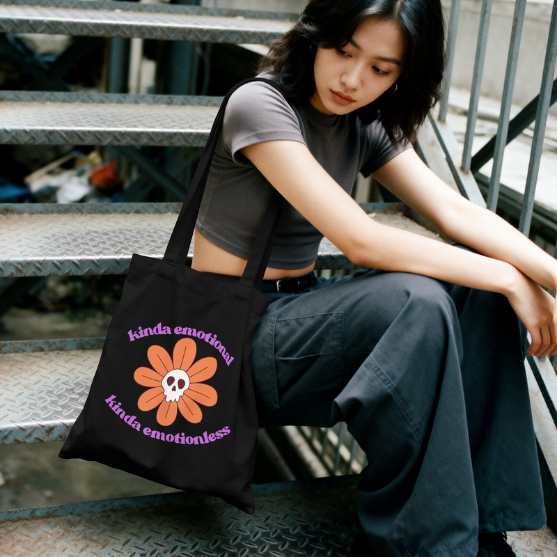 Retro Skull Flower Reusable Tote Bag — "kinda emotional kinda emotionless" Cotton Canvas Mental Health Awareness Tote