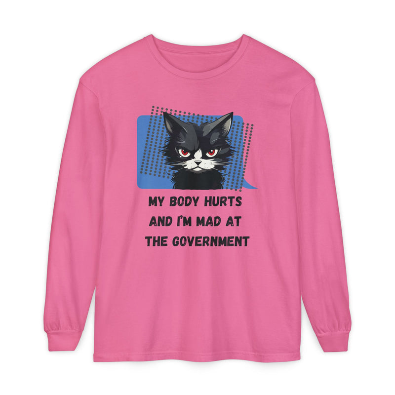 Long Sleeve T‑Shirt – "My Body Hurts and I’m Mad at the Government" Cat Graphic Oversized Tee
