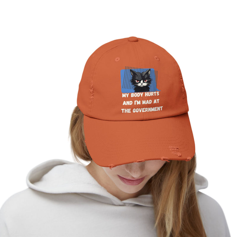 Distressed Cap — Sassy Cat “My Body Hurts and I’m Mad at the Government” Unisex Baseball Hat