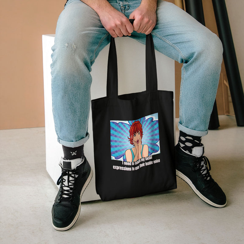 Retro Pop Art Reusable Tote Bag — "Teach My Facial Expressions to Use Their Inside Voice" Large Cotton Shopper