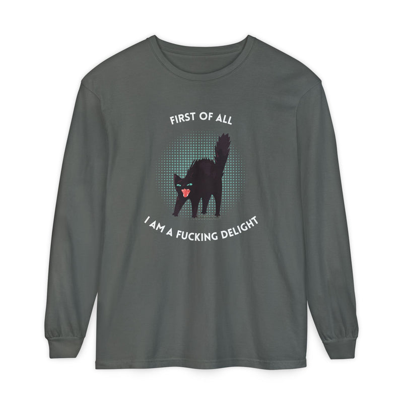 Long Sleeve Tee — “First of All I Am a Fucking Delight” Black Cat Graphic Oversized T-Shirt