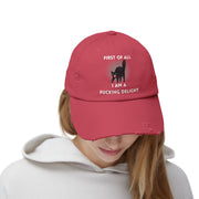 Distressed Baseball Cap — "First Of All I Am A Fucking Delight" Sassy Cat Hat
