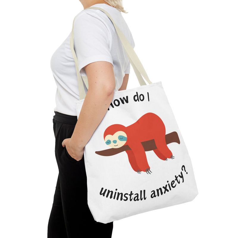 Large 18" x 18" How Do I Uninstall Anxiety? Exhausted Sloth Graphic Tote Bag