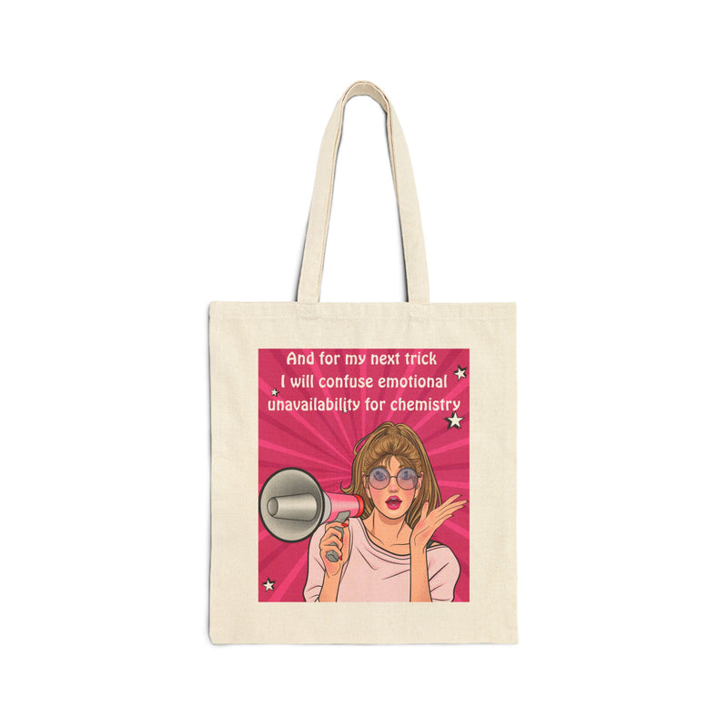 Cotton Canvas Tote Bag — Retro Pop Art Megaphone Design: "...and for my next trick, I will confuse emotional unavailability for chemistry"