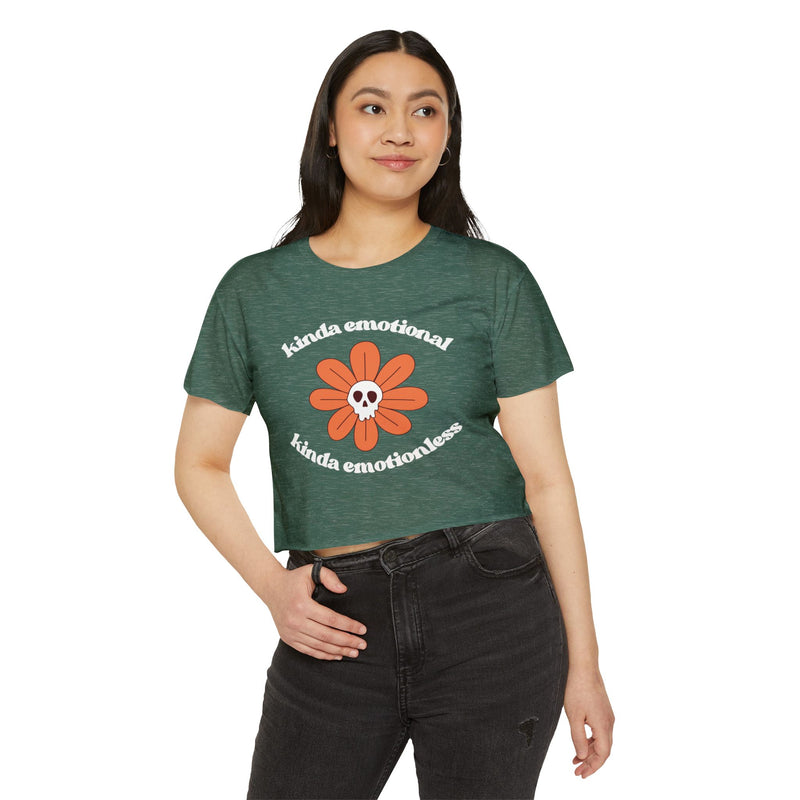 Crop Top — "Kinda Emotional Kinda Emotionless" Skull Flower Festival Tee