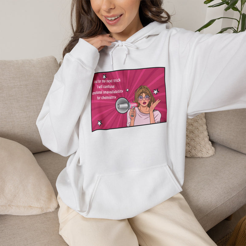 Graphic Hoodie — Retro Pop Art "Emotional Unavailability" Hooded Sweatshirt