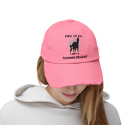 Distressed Baseball Cap — "First Of All I Am A Fucking Delight" Sassy Cat Hat