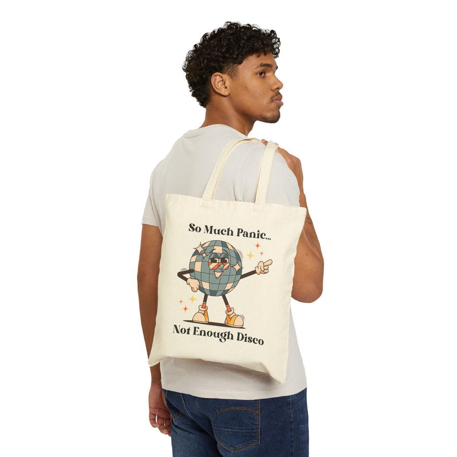 "So Much Panic Not Enough Disco" Canvas Tote Bag — Retro Disco Globe Reusable Market Bag