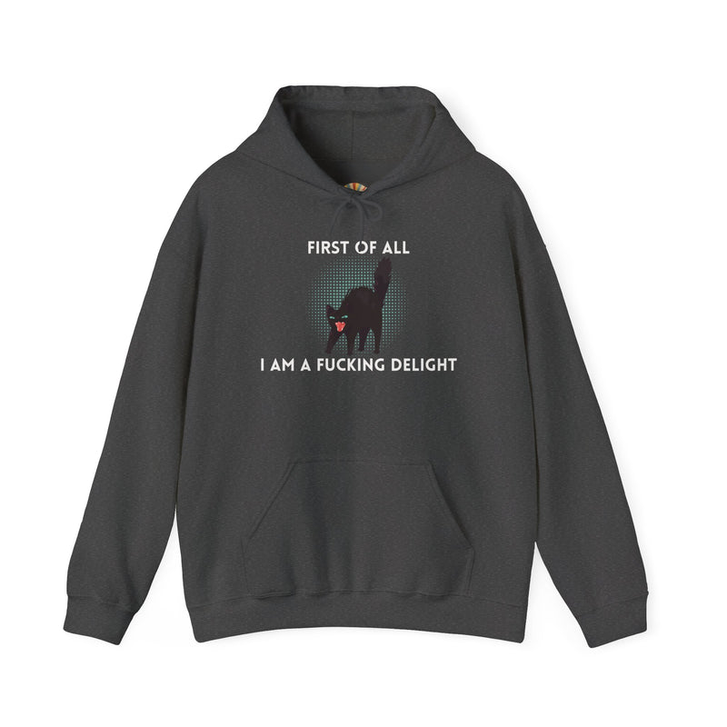 Sassy Cat Unisex Hoodie — "...I Am A Fucking Delight!" Graphic Hooded Sweatshirt