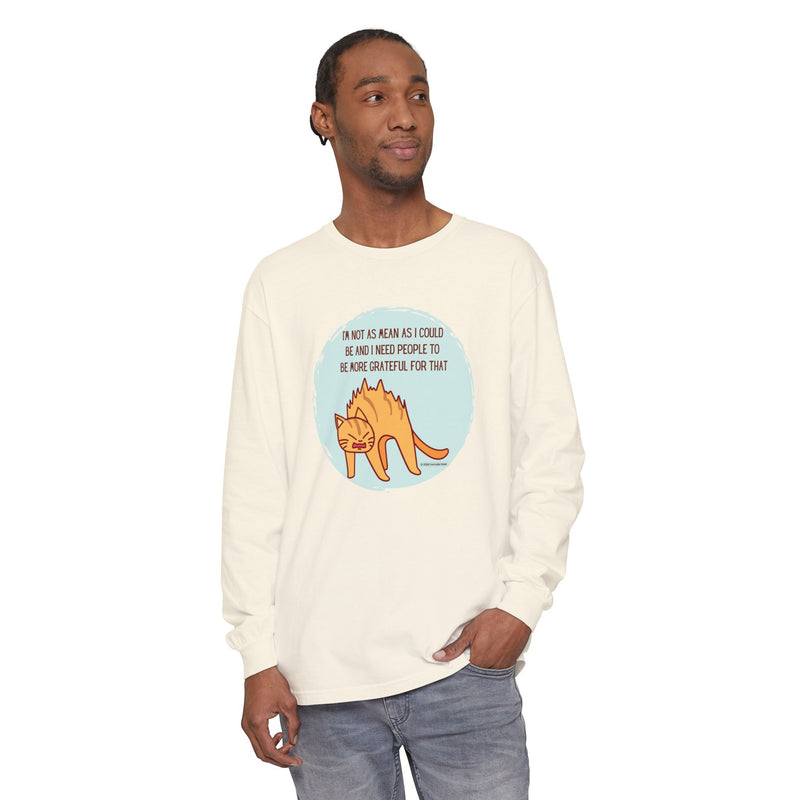 Sassy Cat Illustration Long Sleeve Tee — “I’m Not As Mean As I Could Be” Oversize T-Shirt