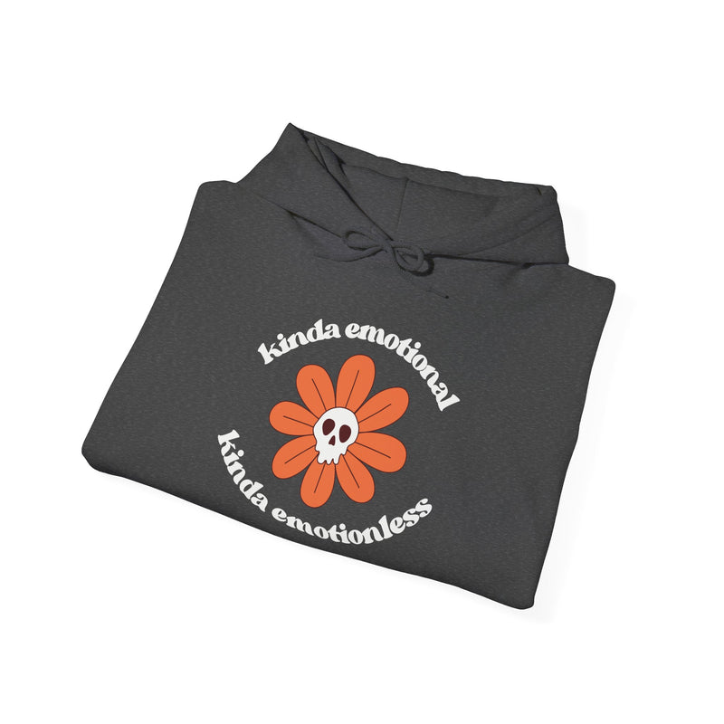 Floral Skull Graphic Hoodie — "Kinda Emotionless, Kinda Emotional" Mental Health Awareness Hooded Sweatshirt