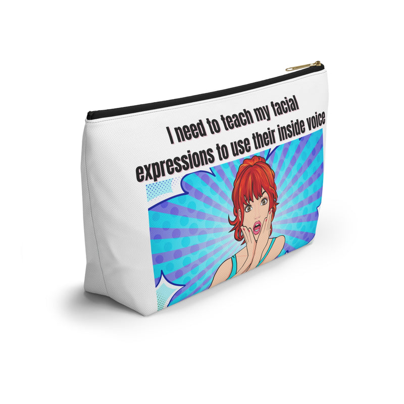 Large Size Travel Cosmetic Pouch — "I need to teach my facial expressions to use their inside voice" Retro Pop Art Makeup Bag
