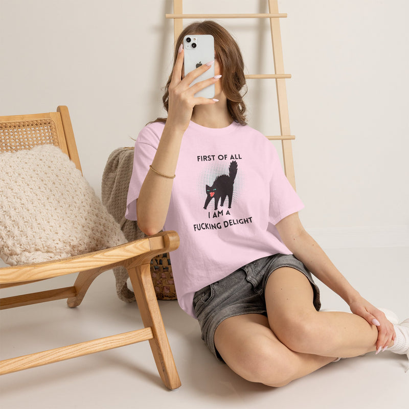 Sassy Cat Graphic Tee — "First of All I Am a Fucking Delight" Black Cat Humor T-Shirt