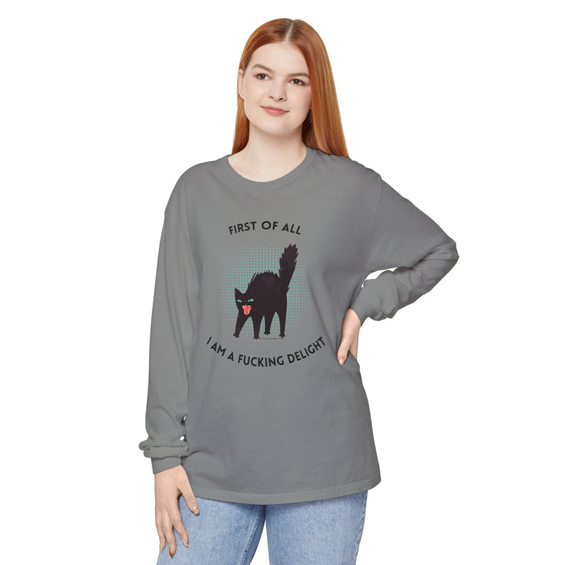 Long Sleeve Tee — “First of All I Am a Fucking Delight” Black Cat Graphic Oversized T-Shirt