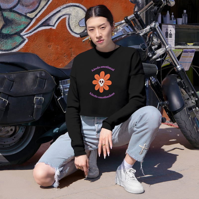 'Kinda Emotional Kinda Emotionless' Cropped Sweatshirt — Retro Daisy Skull Graphic Crop Top