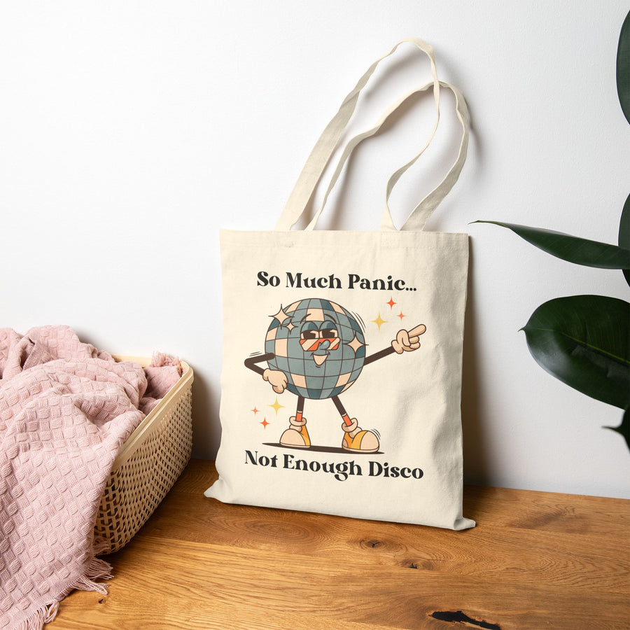"So Much Panic Not Enough Disco" Canvas Tote Bag — Retro Disco Globe Reusable Market Bag