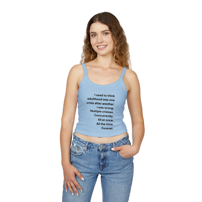 Women's Crop Tank Top — 'Adulthood' Minimalist Text Cropped Spaghetti Strap Tank
