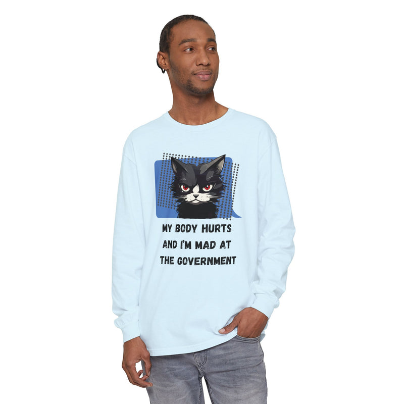 Long Sleeve T‑Shirt – "My Body Hurts and I’m Mad at the Government" Cat Graphic Oversized Tee