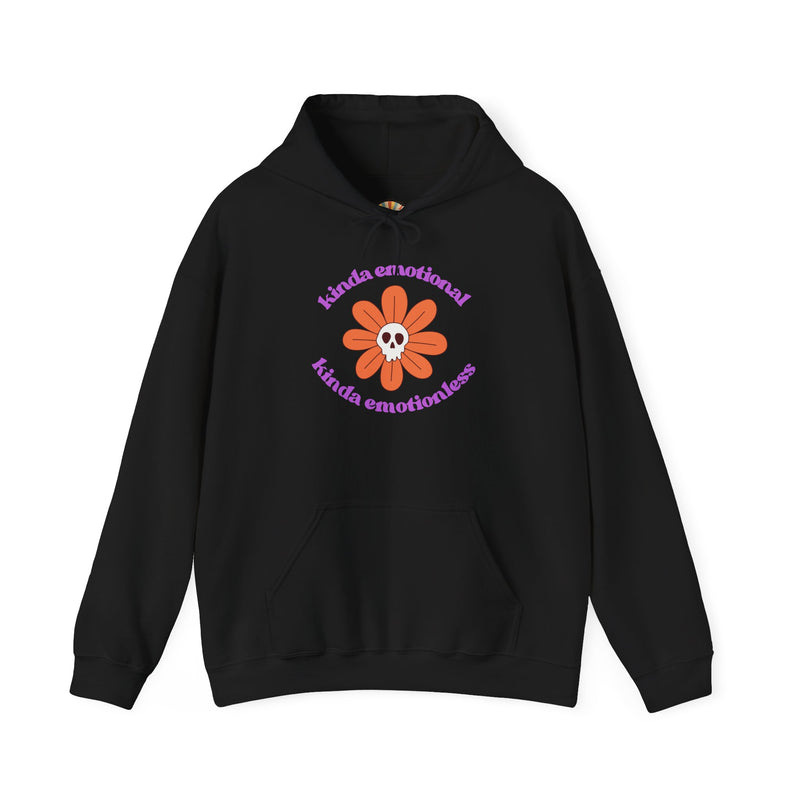 Floral Skull Graphic Hoodie — "Kinda Emotionless, Kinda Emotional" Mental Health Awareness Hooded Sweatshirt