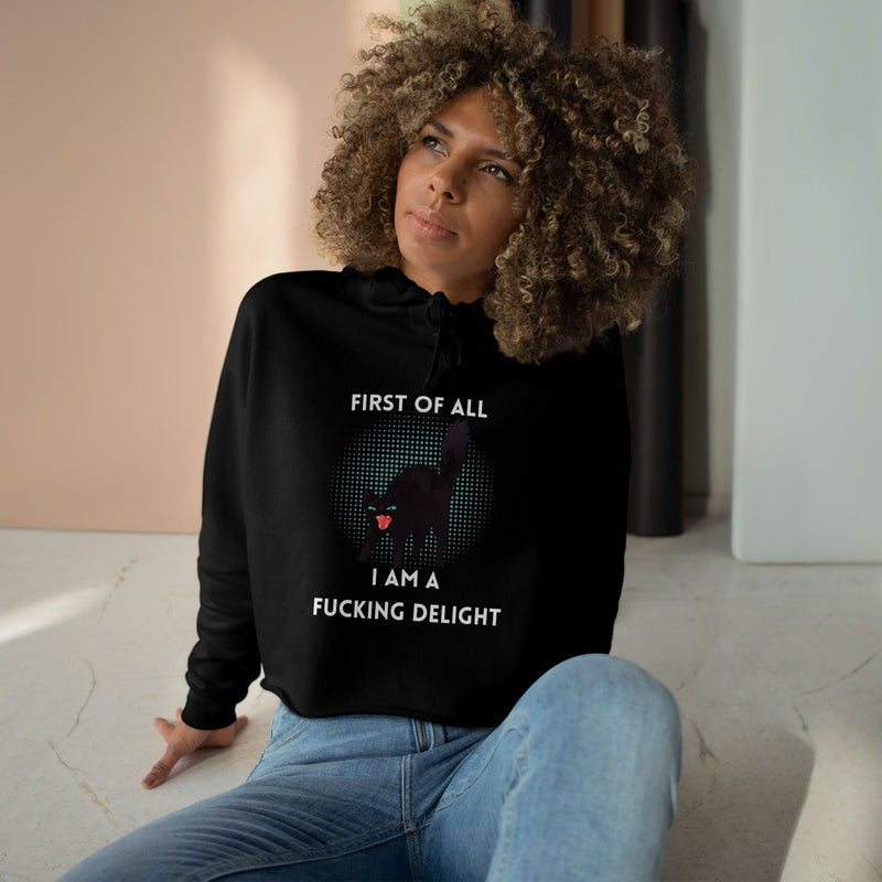 Graphic Black Cat Hooded Sweatshirt - "I am a Fucking Delight" Crop Hoodie