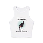 Racer Tank — “First Of All I Am A Fucking Delight” Black Cat Graphic Tank Top
