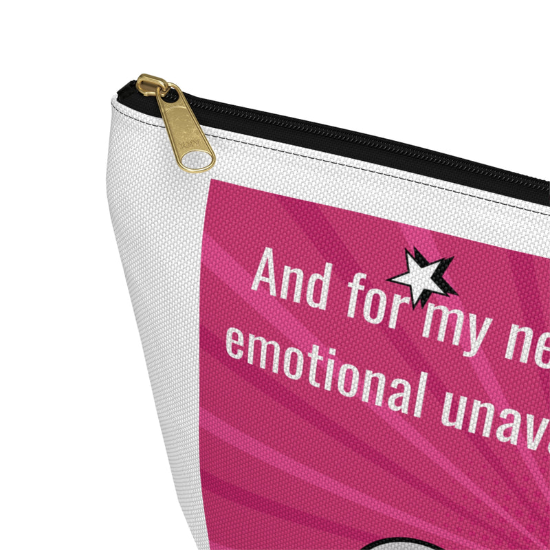 Large Size Accessory Pouch — Pink Pop Art Cosmetic Bag with Quote: “And for my next trick I will confuse emotional unavailability for chemistry”