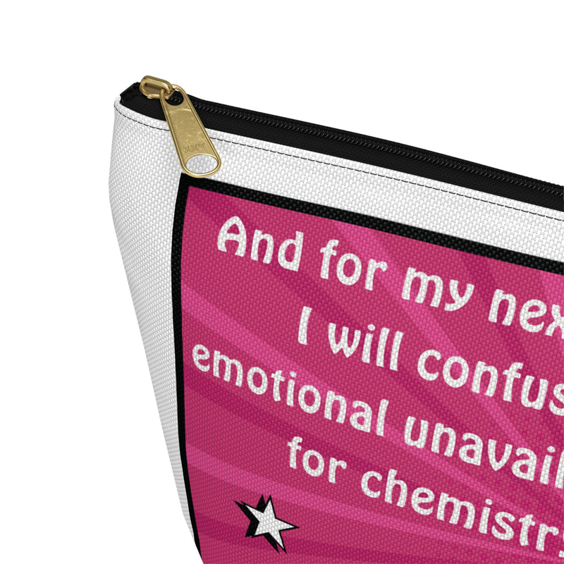 Large Size Accessory Pouch — Pink Pop Art Cosmetic Bag with Quote: “And for my next trick I will confuse emotional unavailability for chemistry”