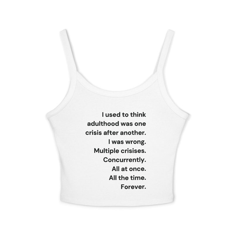 Women's Crop Tank Top — 'Adulthood' Minimalist Text Cropped Spaghetti Strap Tank