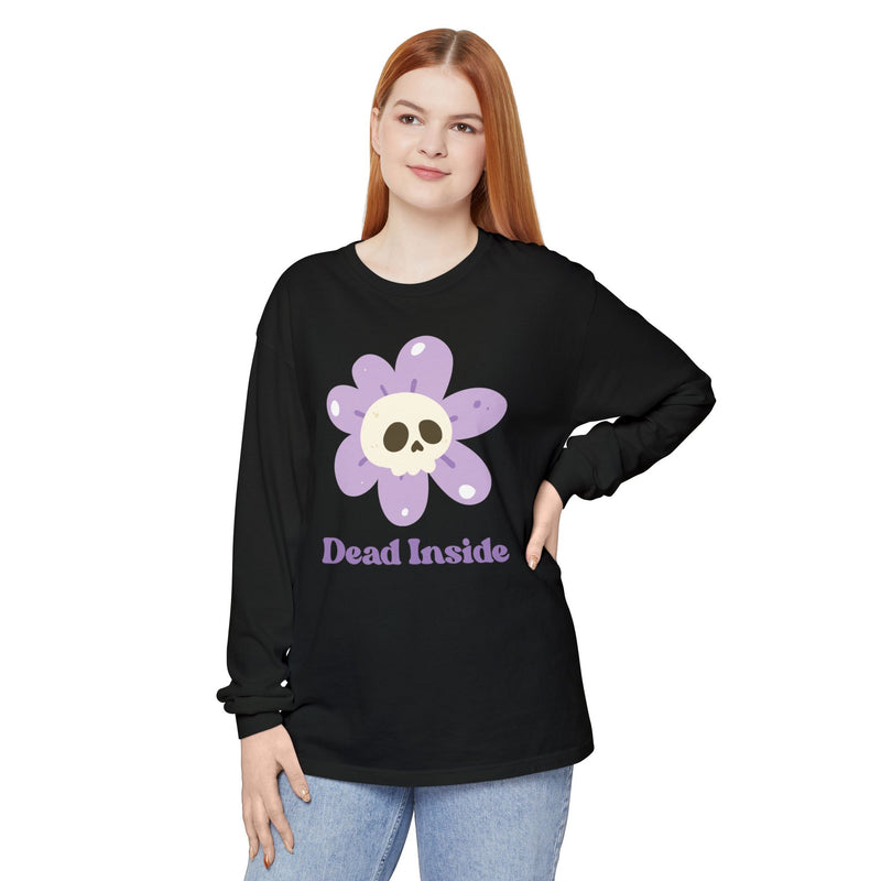"Dead Inside" Oversized T-Shirt - Skull Flower Long Sleeve Tee