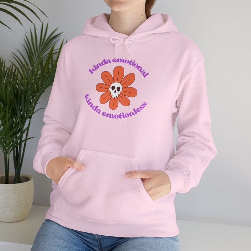Floral Skull Graphic Hoodie — "Kinda Emotionless, Kinda Emotional" Mental Health Awareness Hooded Sweatshirt