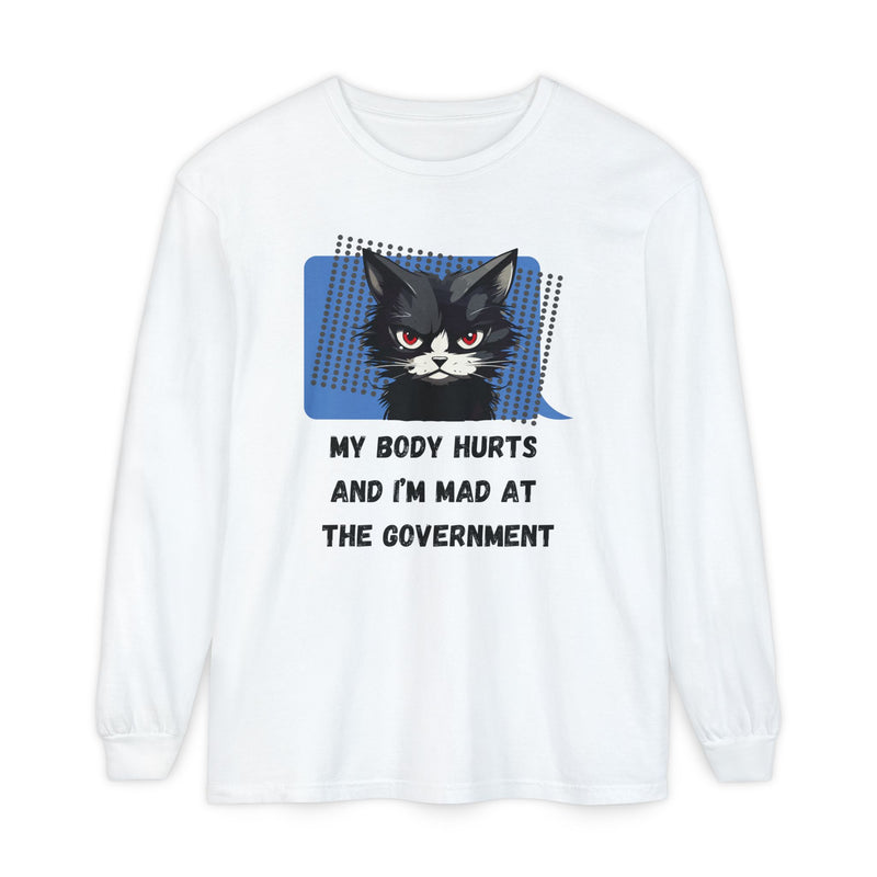 Long Sleeve T‑Shirt – "My Body Hurts and I’m Mad at the Government" Cat Graphic Oversized Tee