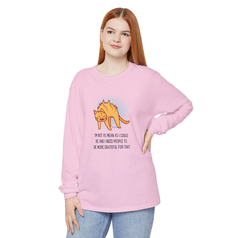 Sassy Cat Illustration Long Sleeve Tee — “I’m Not As Mean As I Could Be” Oversize T-Shirt