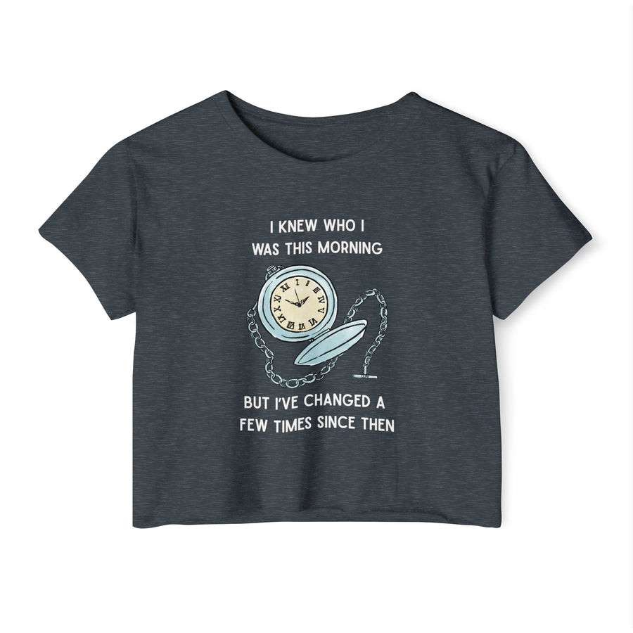 Women's Crop Top T-shirt — 'I Knew Who I Was This Morning' Wonderland Graphic Tee