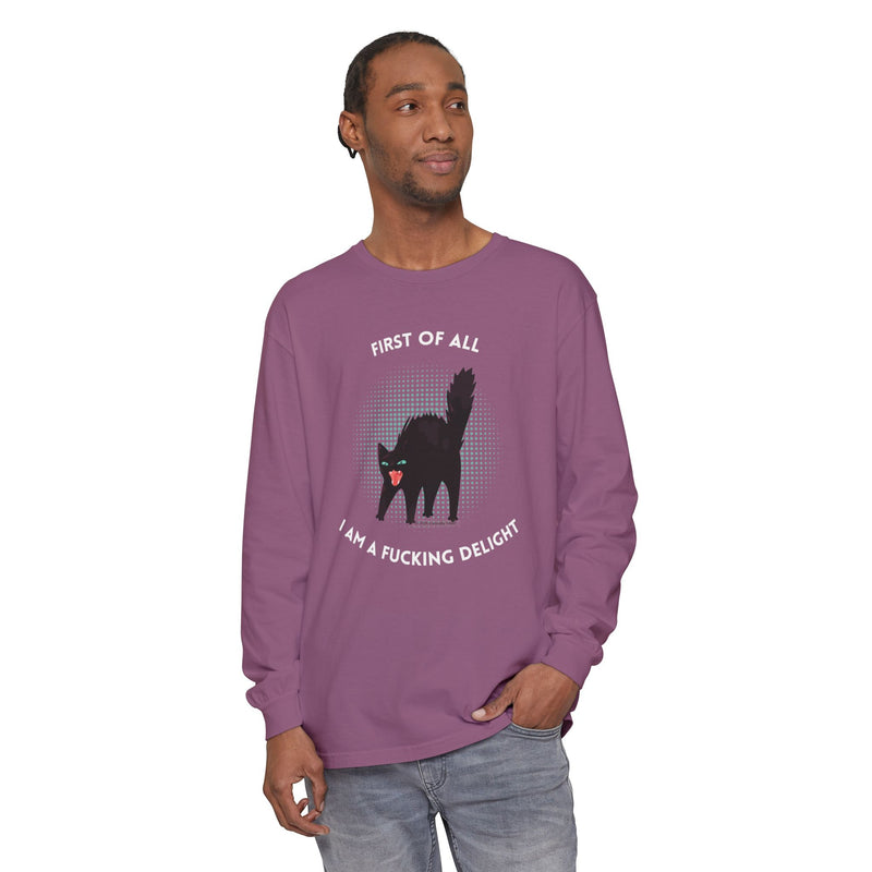 Long Sleeve Tee — “First of All I Am a Fucking Delight” Black Cat Graphic Oversized T-Shirt