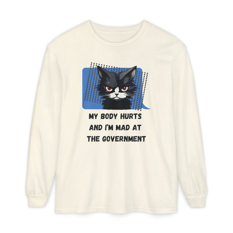 Long Sleeve T‑Shirt – "My Body Hurts and I’m Mad at the Government" Cat Graphic Oversized Tee
