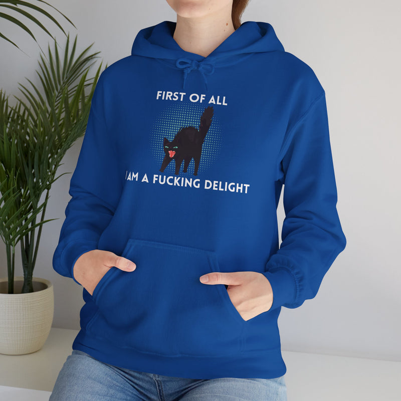Sassy Cat Unisex Hoodie — "...I Am A Fucking Delight!" Graphic Hooded Sweatshirt