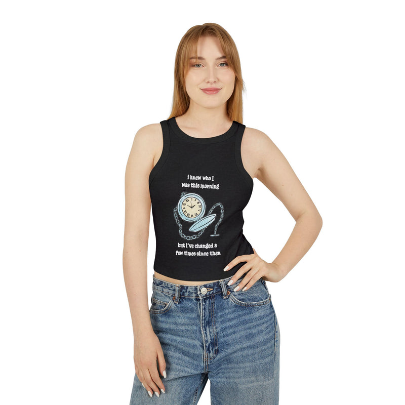 Women's Racer Tank — 'I Knew Who I Was This Morning' Wonderland Graphic Crop Top