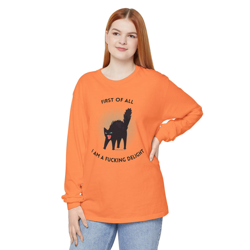 Long Sleeve Tee — “First of All I Am a Fucking Delight” Black Cat Graphic Oversized T-Shirt