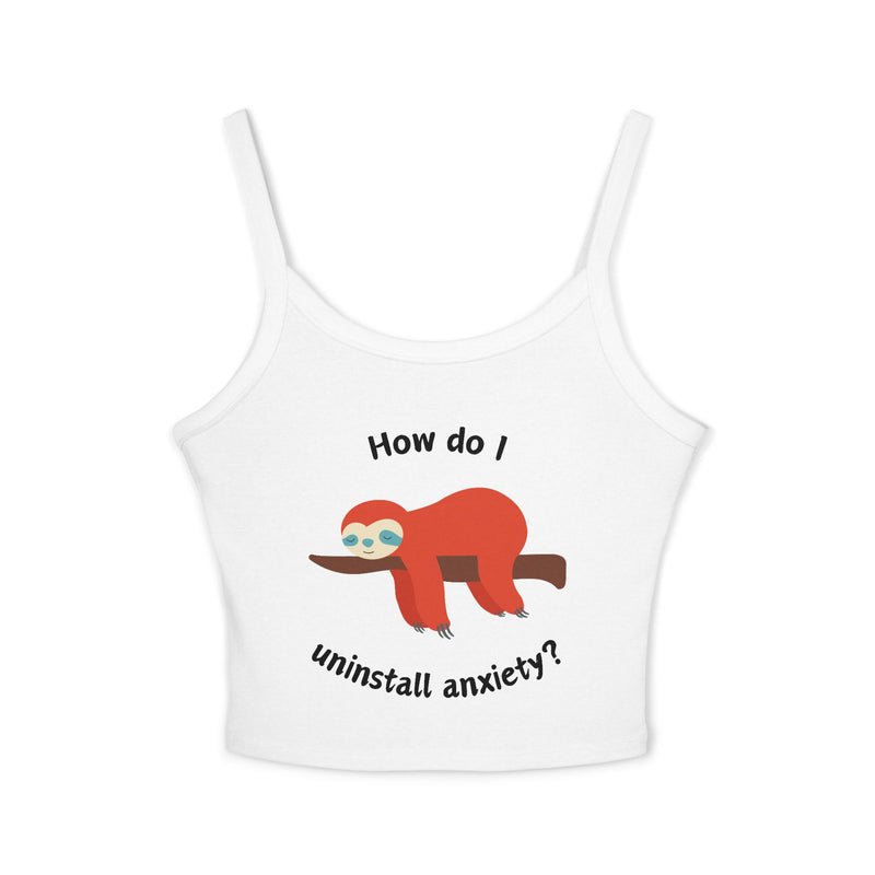 Women’s Tank Top — Exhausted Sloth “How do I uninstall anxiety?” Graphic Crop Tank