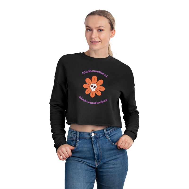 'Kinda Emotional Kinda Emotionless' Cropped Sweatshirt — Retro Daisy Skull Graphic Crop Top