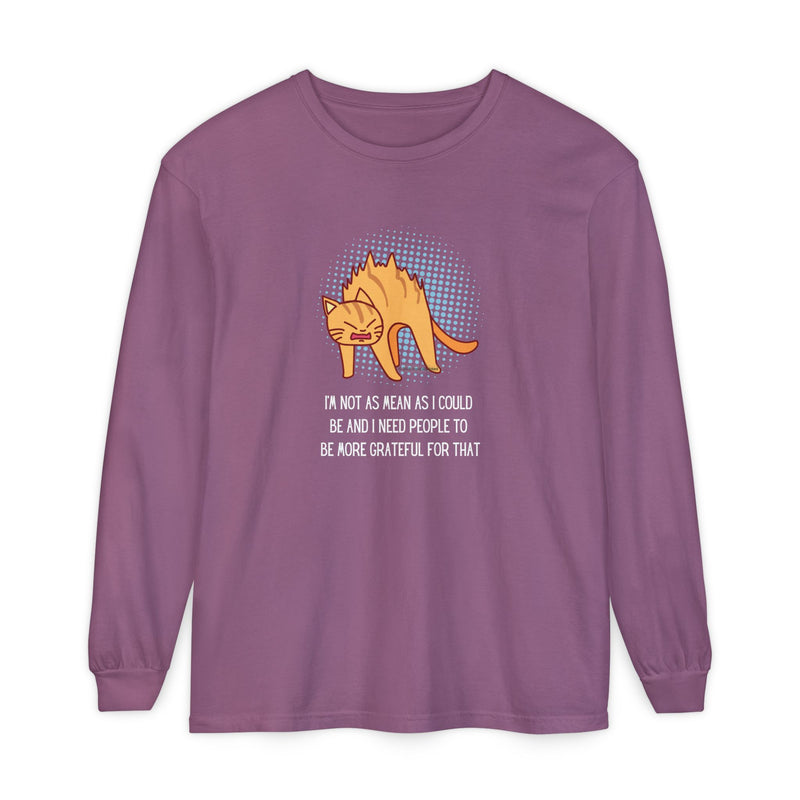 Sassy Cat Illustration Long Sleeve Tee — “I’m Not As Mean As I Could Be” Oversize T-Shirt