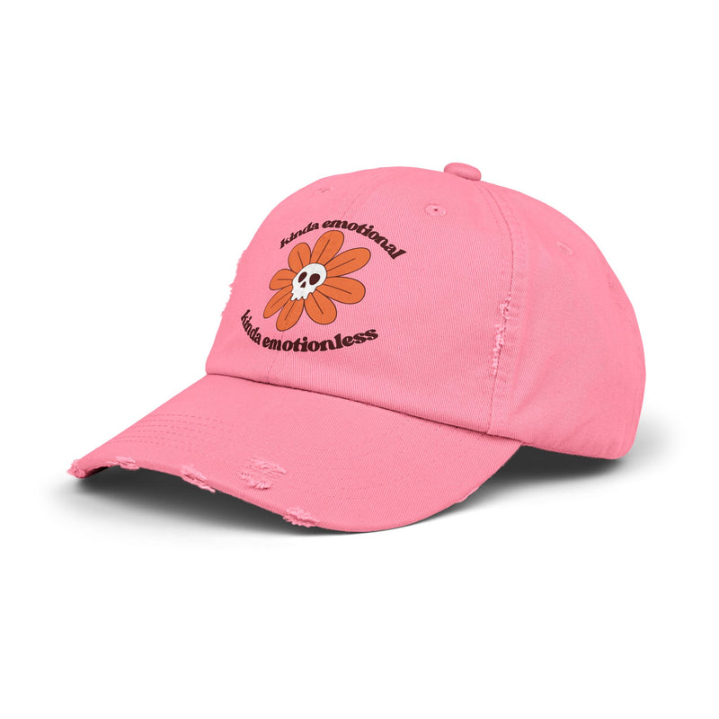 Kinda Emotional Kinda Emotionless Unisex Distressed Cap — Floral Skull Mental Health Awareness Baseball Hat