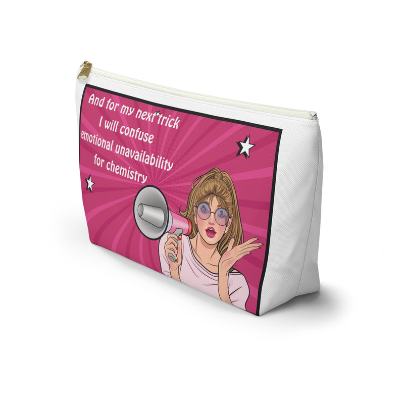 Large Size Accessory Pouch — Pink Pop Art Cosmetic Bag with Quote: “And for my next trick I will confuse emotional unavailability for chemistry”