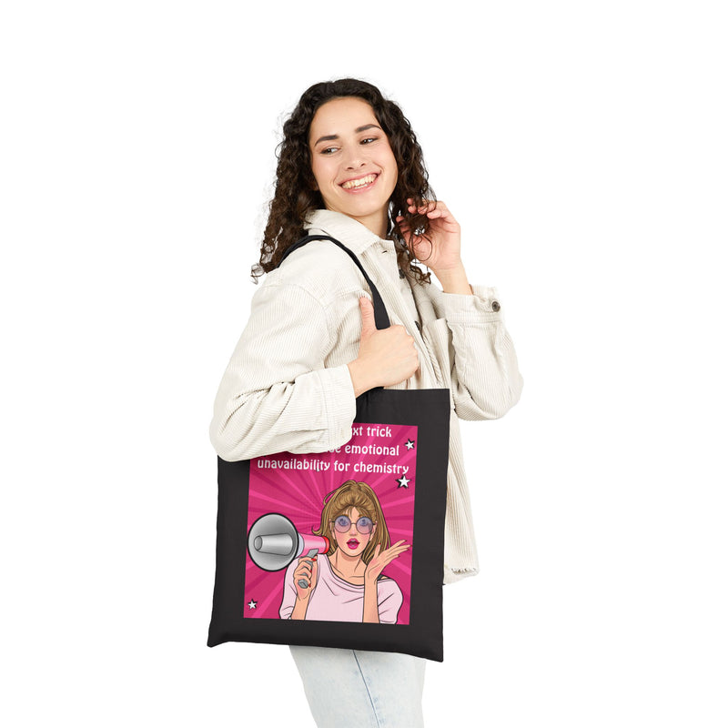 Cotton Canvas Tote Bag — Retro Pop Art Megaphone Design: "...and for my next trick, I will confuse emotional unavailability for chemistry"