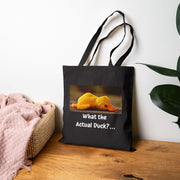 "What the Actual Duck?" Canvas Tote Bag – Exhausted Duck Illustration Reusable Grocery Bag