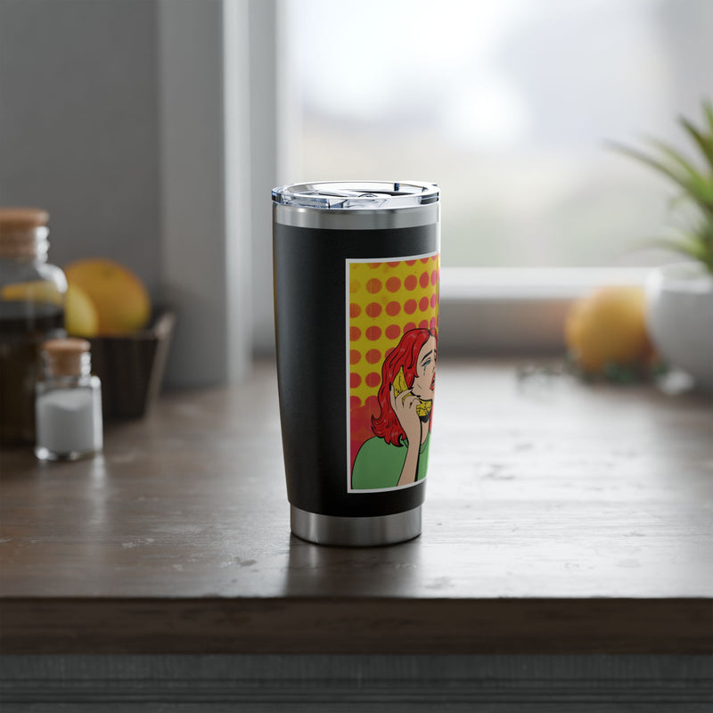 Pop Art Tumbler — Retro Comic "What's the Return Policy on a Man?" 20oz Vagabond Travel Mug