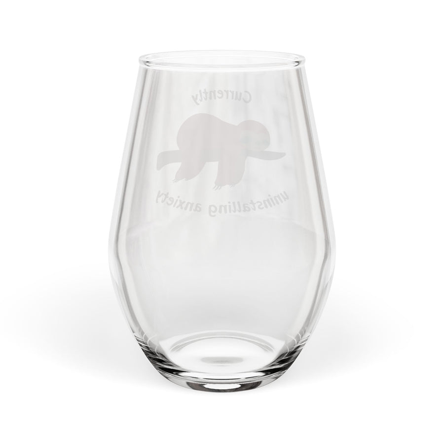Stemless Wine Glass – "Currently Uninstalling Anxiety" Sloth
