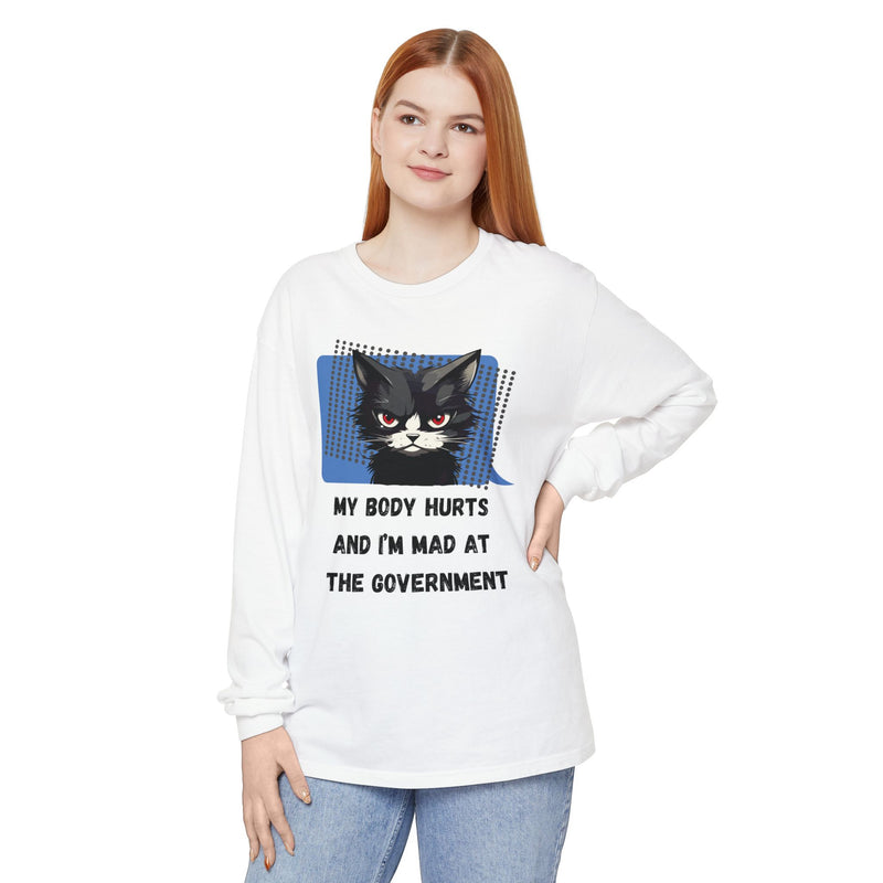 Long Sleeve T‑Shirt – "My Body Hurts and I’m Mad at the Government" Cat Graphic Oversized Tee
