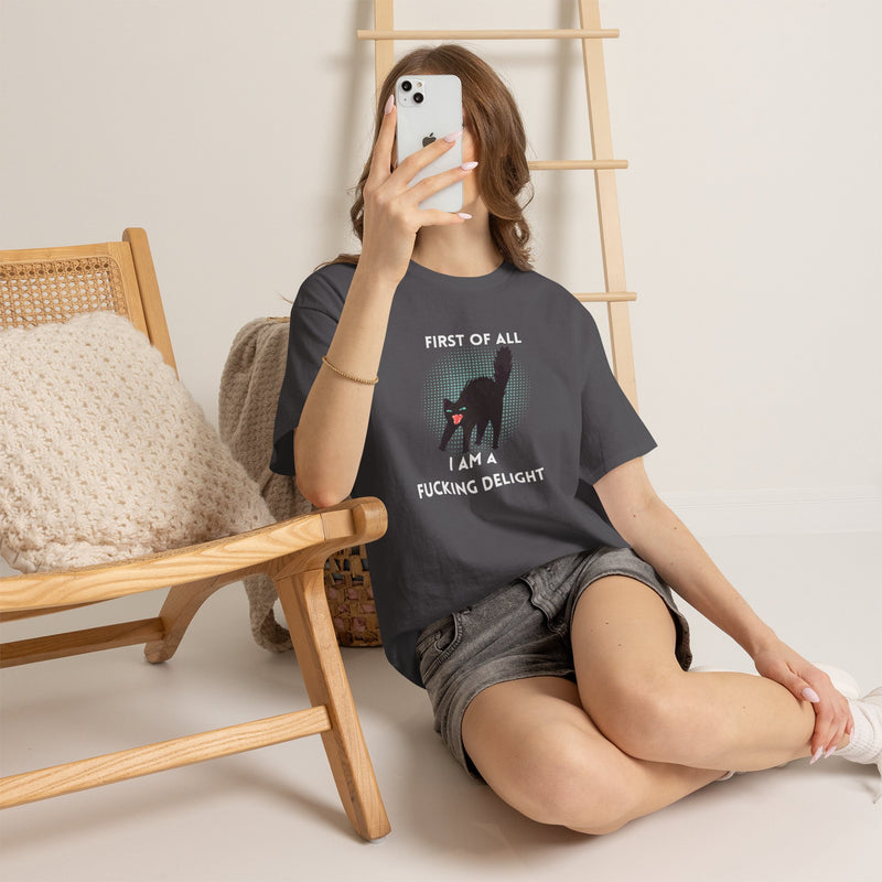 Sassy Cat Graphic Tee — "First of All I Am a Fucking Delight" Black Cat Humor T-Shirt