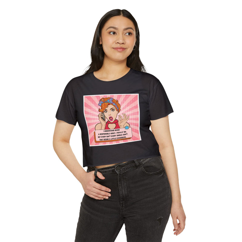 Pop Art Crop Top T-shirt — "Responsible Adult" Graphic Tee for Women